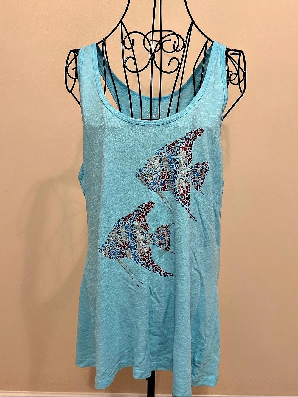 Old Navy Women's XL Blue Racerback Scoop Neck Tank Rhinestone Beach Fish Graphic